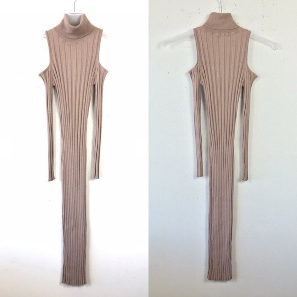 HERA Collection Ribbed Cold Shoulder Midi Knit Dress S Tan Beige Stretch Bodycon - Picture 10 of 10